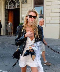 Stella Maxwell Black Slim Fit Genuine Leather Biker Jacket