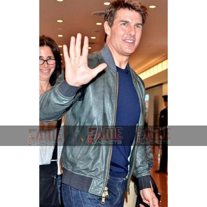Tom Cruise Men's Grey Leather Bomber Jacket