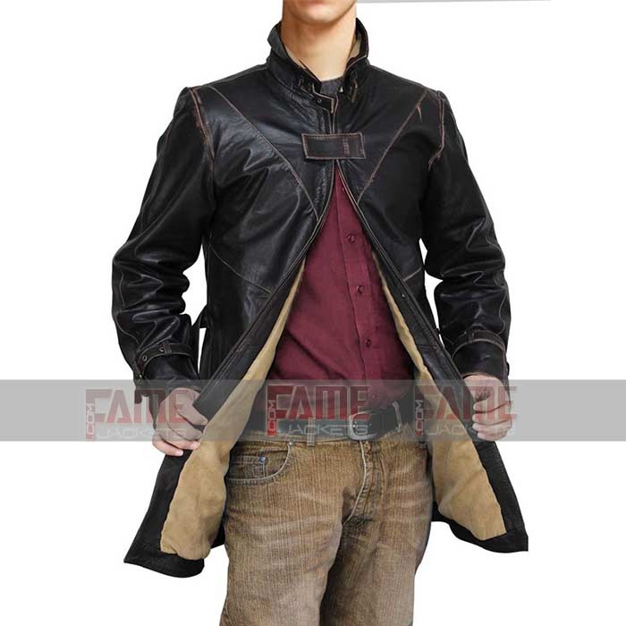 Aiden Pearce Watch Dogs Real Distressed Black Leather Coat For Men