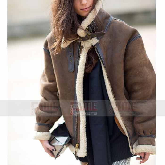Women B3 Brown Real Leather Shearling Bomber Jacket