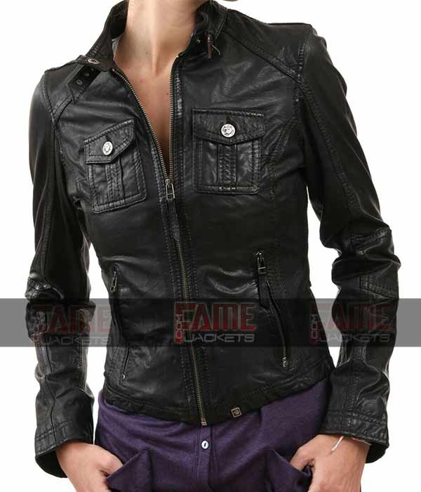 Vintage Black Real Leather Slim Fit Motorcycle Jacket for Women