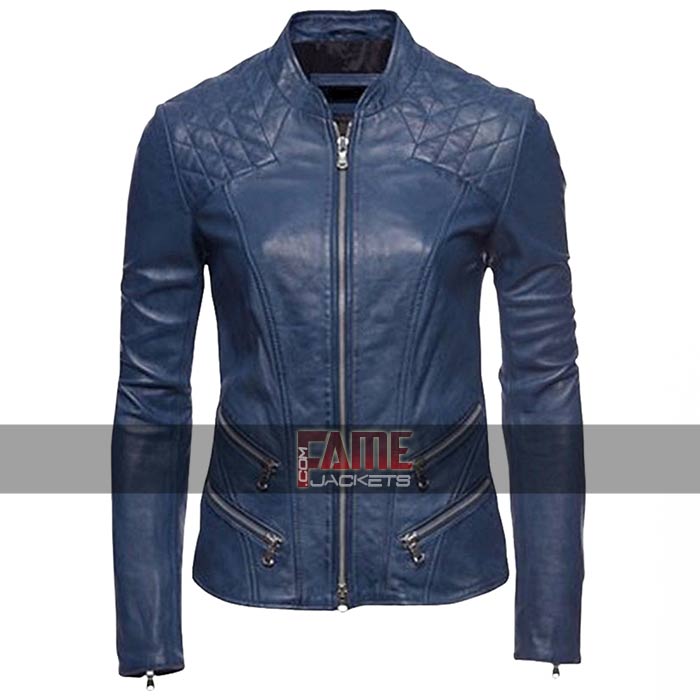 Girl's New Cafe Racer Slim Fit Motorcycle Blue Leather Jacket