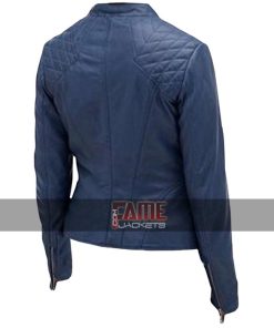 Alternative view of Girl's New Cafe Racer Slim Fit Motorcycle Blue Leather Jacket