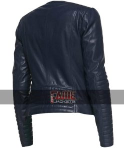 Alternative view of Women Collarless Blue Slim Fit Biker Leather Jacket