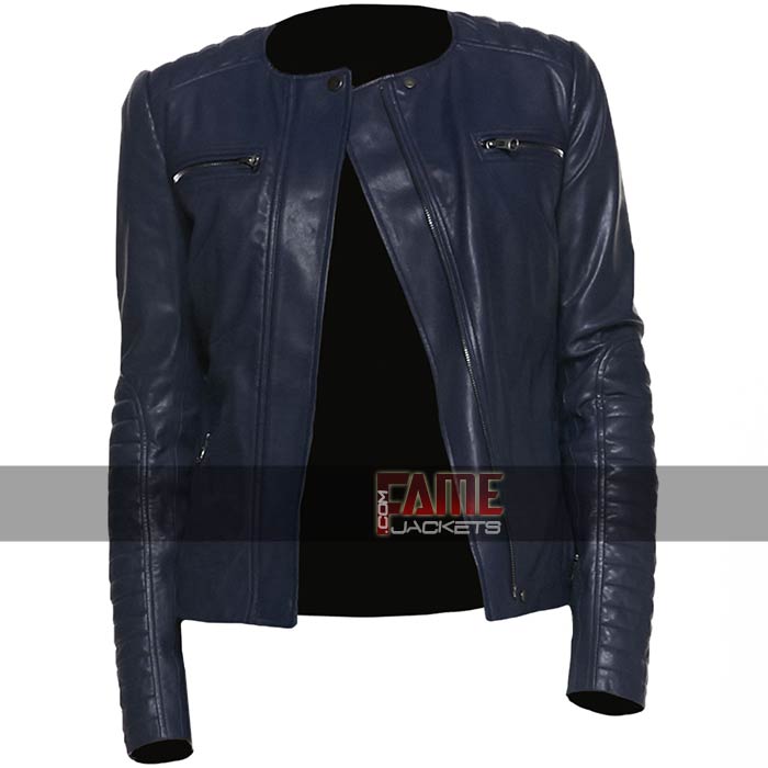 Women Collarless Blue Slim Fit Biker Leather Jacket