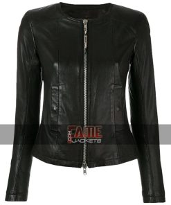 Ladies Casual Slim Fit Black Collarless Real Leather Biker Jacket