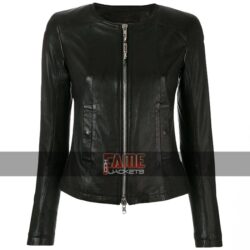 Ladies Casual Slim Fit Black Collarless Real Leather Biker Jacket