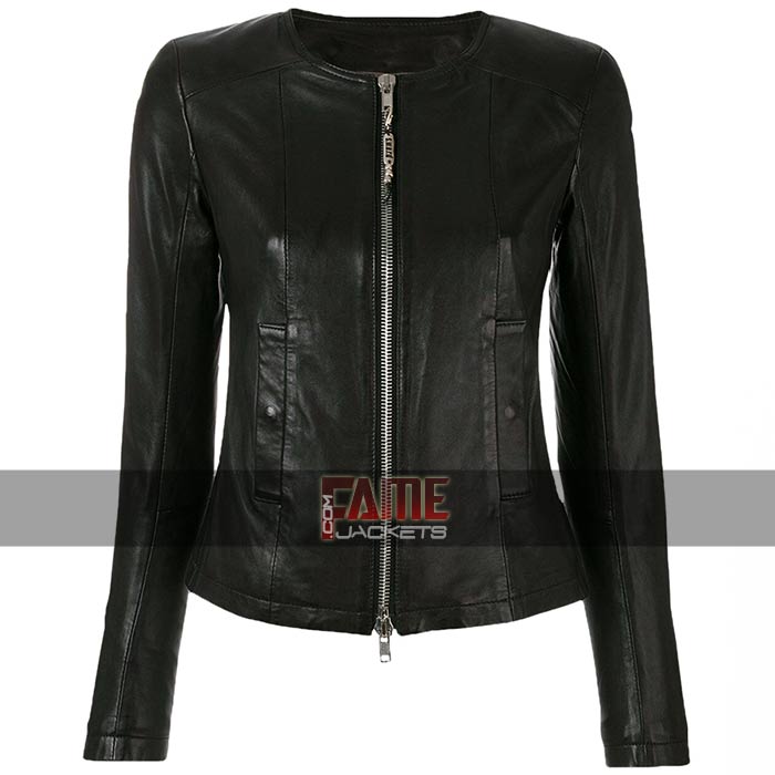 Ladies Casual Slim Fit Black Collarless Real Leather Biker Jacket