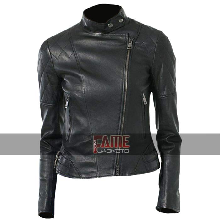Women's  Diamond Quilted Biker Black Leather Jacket