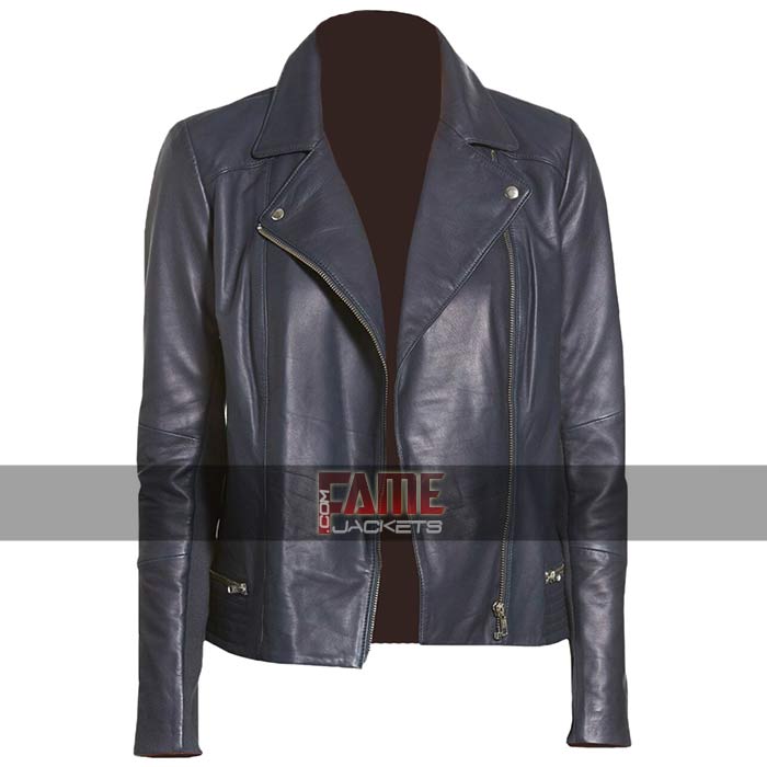 Women's Navy Blue Genuine Leather Jacket Sale