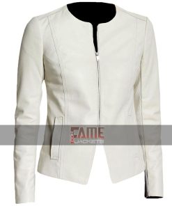 Casual Slim Fit Collarless White Leather Biker Jacket For Women