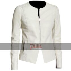 Casual Slim Fit Collarless White Leather Biker Jacket For Women