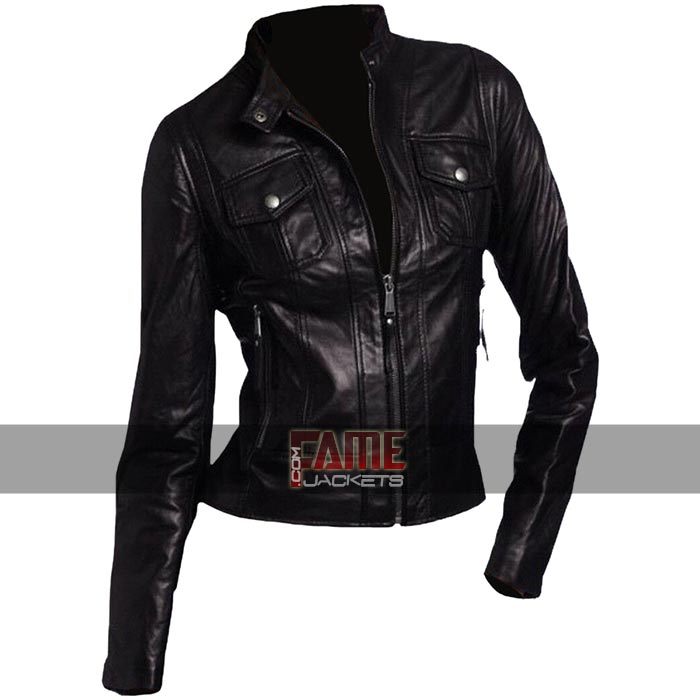 Women Vintage Style Black Leather Motorcycle Jacket