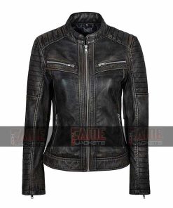 Black Cafe Racer Biker Jacket Of Women In Real Sheep Leather