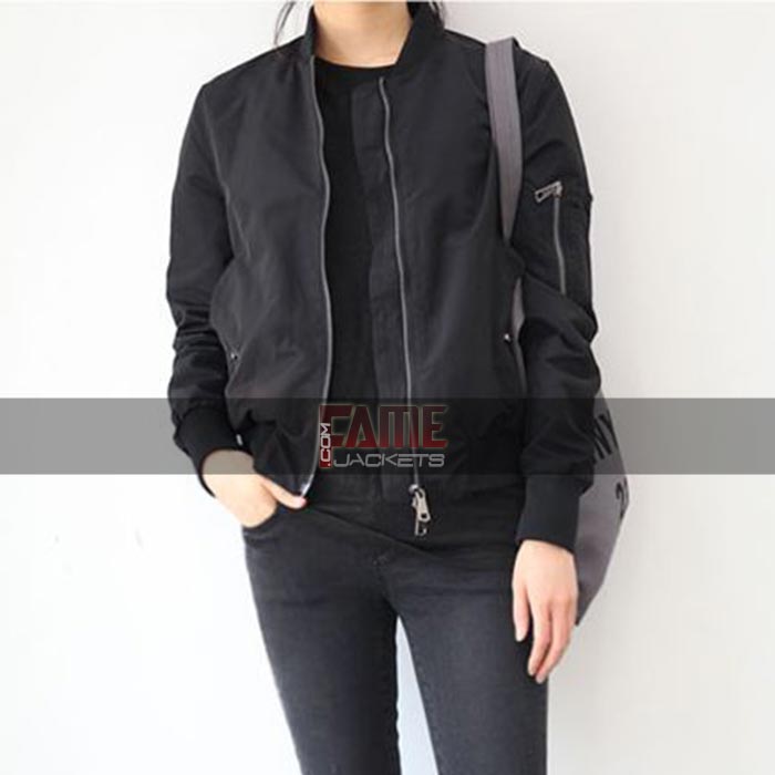 Women's Casual Black Cotton Bomber Jacket