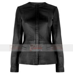 Women's Collarless Black Leather Jacket