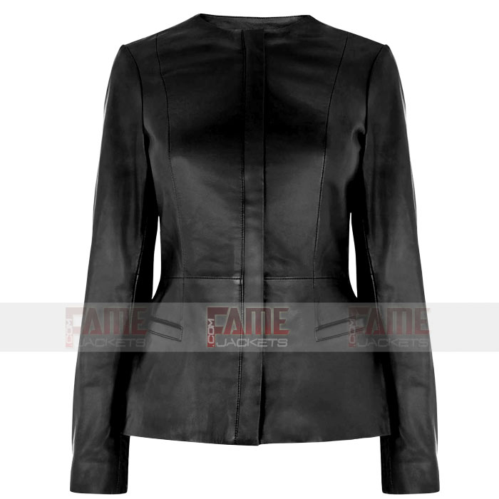 Women's Collarless Black Leather Jacket