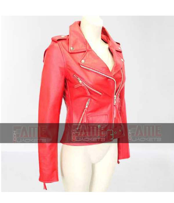 Women Real Sheep Leather Red Biker Jacket