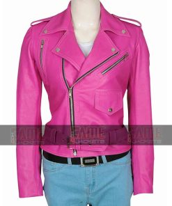 Women Pink Leather Slim Fit Cross Zipper Vintage Moto Jacket