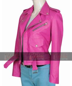 Alternative view of Women Pink Leather Slim Fit Cross Zipper Vintage Moto Jacket