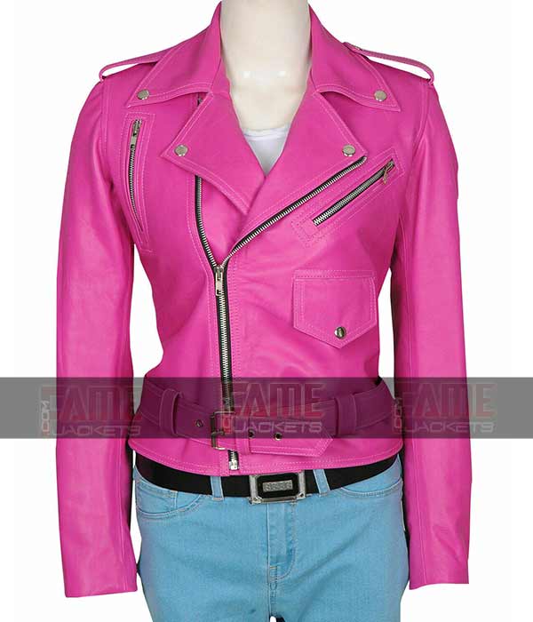 Women Pink Leather Slim Fit Cross Zipper Vintage Moto Jacket