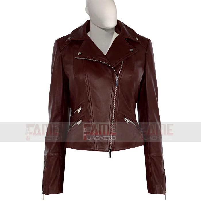 Brown Genuine Leather Biker Jacket For Women