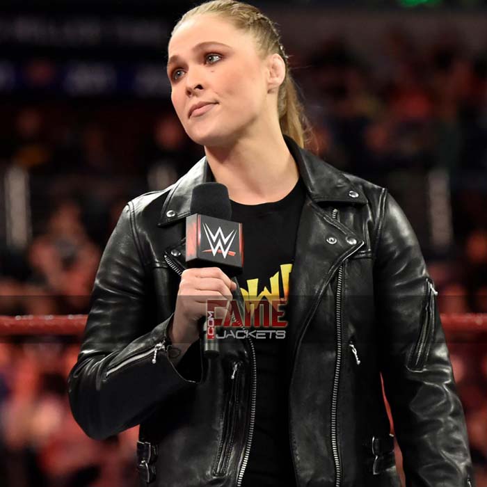 Ladies Slim Fit Black Genuine Leather Biker Jacket- WWE Ronda Rousey