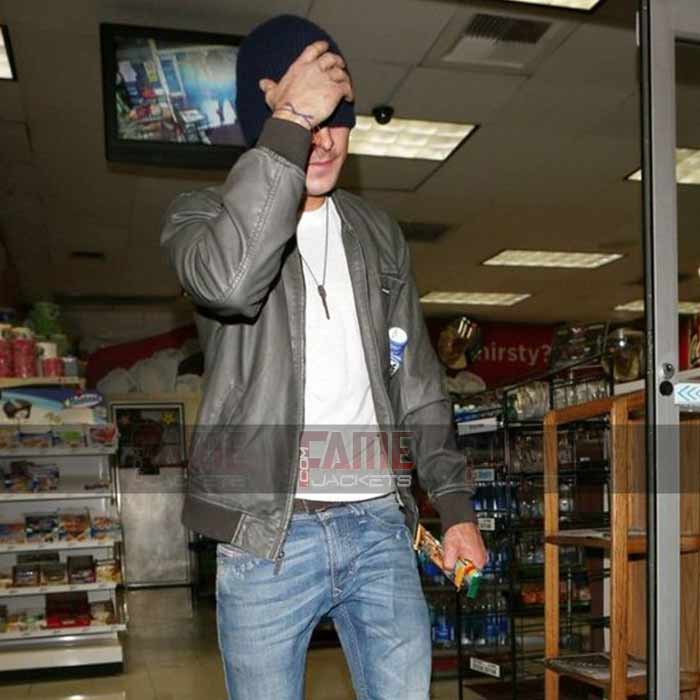 Zac Efron Mens Bomber Grey Genuine Leather Jacket