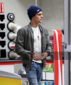 Alternative view of Zac Efron Mens Bomber Grey Genuine Leather Jacket