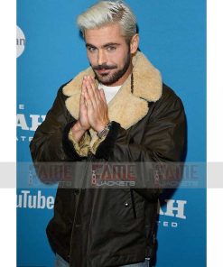 Alternative view of Zac Efron Mens Brown Leather b3 Shearling Winter Jacket