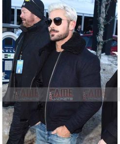 Alternative view of Zac Efron Mens Navy Blue Fur Collar Bomber Winter Jacket