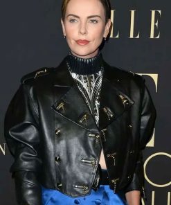 Shop Charlize Theron Black Studded Leather Jacket