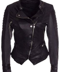 Buy Women Stylish Snap Tab Collar Black Leather Jacket