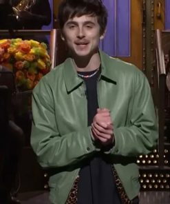 Shop SNL Timothée Chalamet Green Leather Jacket