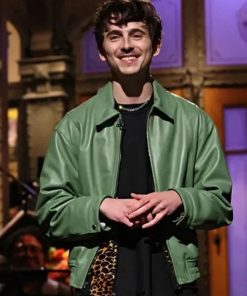 Shop Timothée Chalamet Green Leather Jacket