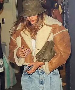 Shop Hailey Bieber Cropped Shearling Jacket