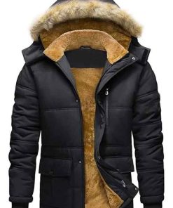Buy Men Warm Fur Inside Black Puffer Jacket