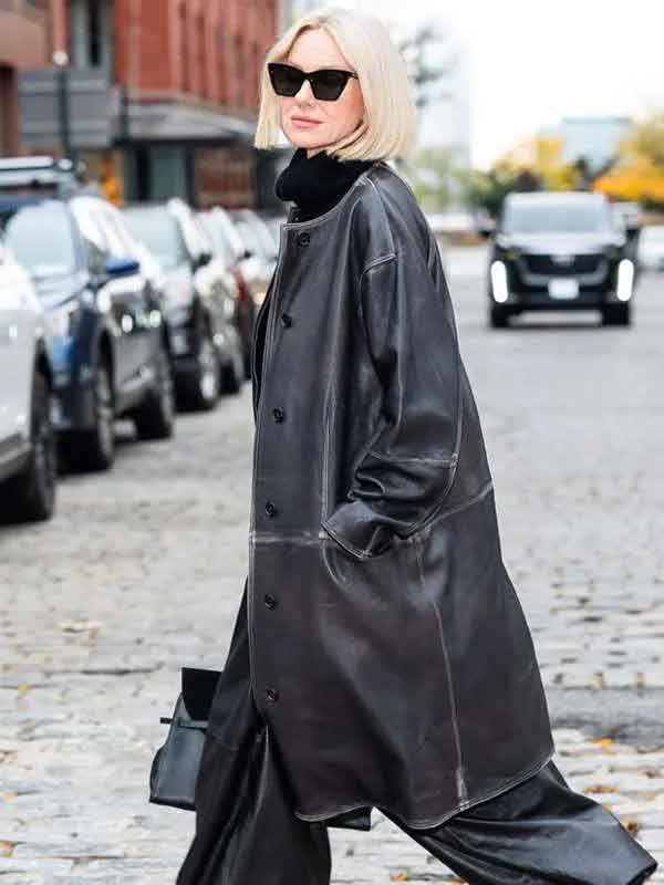 Shop Naomi Watts NYC 2025 Black Leather Coat