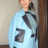 Buy Olivia Munn NYC Street Style Blue Leather Jacket