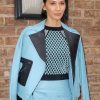 Shop Olivia Munn Blue Leather Jacket