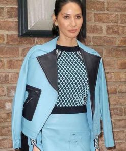 Shop Olivia Munn Blue Leather Jacket