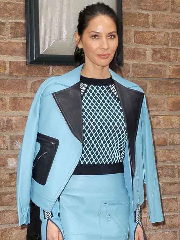 Shop Olivia Munn Blue Leather Jacket