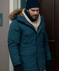 Shop Charlie Cox Merv 2025 Blue Hooded Parka Jacket