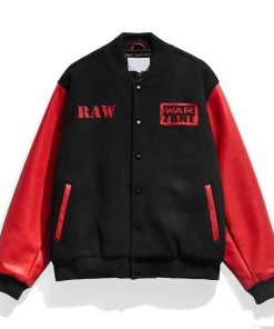 Shop Raw is War Retro Black and Red Varsity WoolLeather Jacket