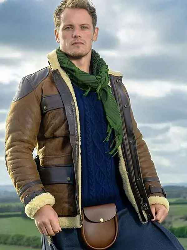 Shop Sam Heughan Men in Kilts S02 Brown Shearling Jacket