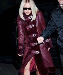 Shop Sydney Sweeney Burgundy Vintage Leather Fur Coat