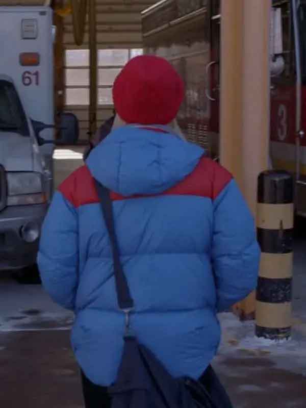 Shop Sylvie Brett Chicago Fire S10 Kara Killmer Blue and Red Puffer Jacket