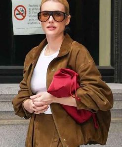 Shop Emma Roberts Brown Suede Leather Jacket