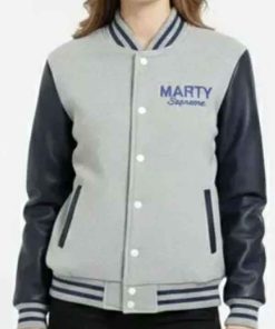 Shop Marty Supreme Grey and Navy Blue Jacket
