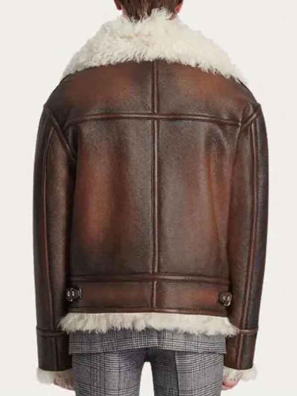Buy Distressed Brown Aviator Leather Jacket with Shearling Collar